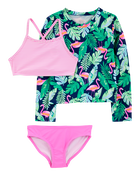 Girls 3-Piece Tropical Flamingo Print Rashguard Swim Set, image 1 of 5 slides