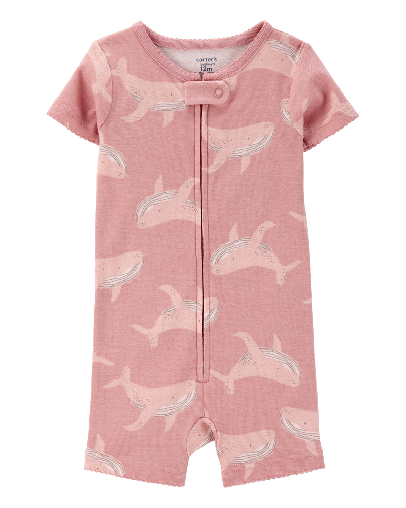 Baby Whale Print Snug Fit Cotton 1-Piece Pajamas - Pink, image 1 of 4 slides