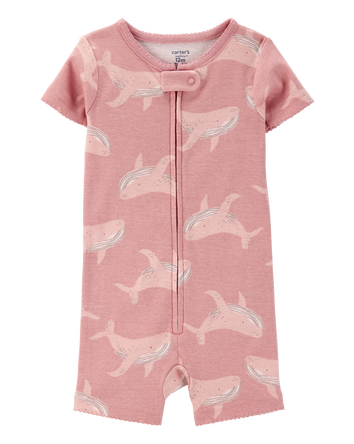 Baby Whale Print Snug Fit Cotton 1-Piece Pajamas - Pink, 
