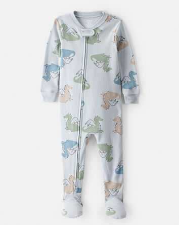 Baby Boy Dragon Print 100% Cotton Long-Sleeve 2-Way Zip 1-Piece Pajamas - Blue, 
