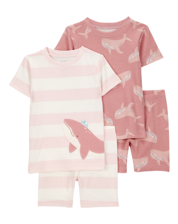 Toddler Whale Striped Snug Fit Cotton 4-Piece Pajamas, 
