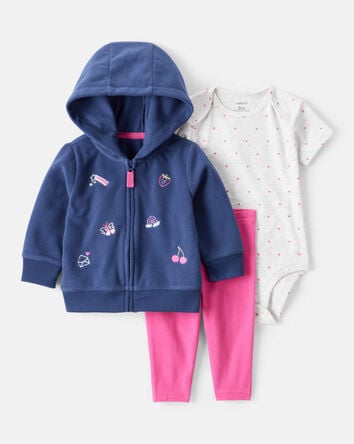 Baby Girl 3-Piece Art Print Jacket, Bodysuit & Pant Set - Blue/Pink, 