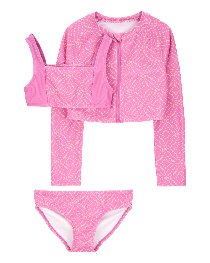 Kid 3-Piece Geometric Rashguard Swimsuit Set - Pink, image 1 of 5 slides