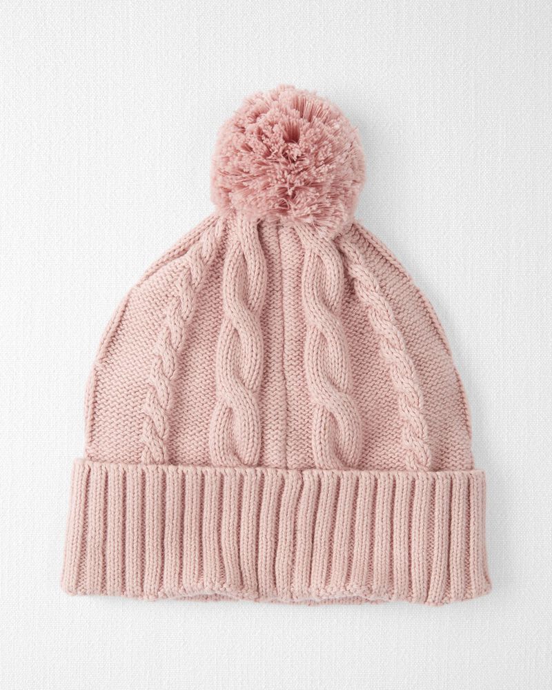 Toddler Organic Cotton Cable Knit Beanie in Perfect Pink, image 2 of 4 slides