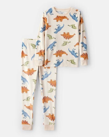 Boys Dinosaur Print Velour Long-Sleeve Loose Fit 2-Piece Pajamas - Tan, 