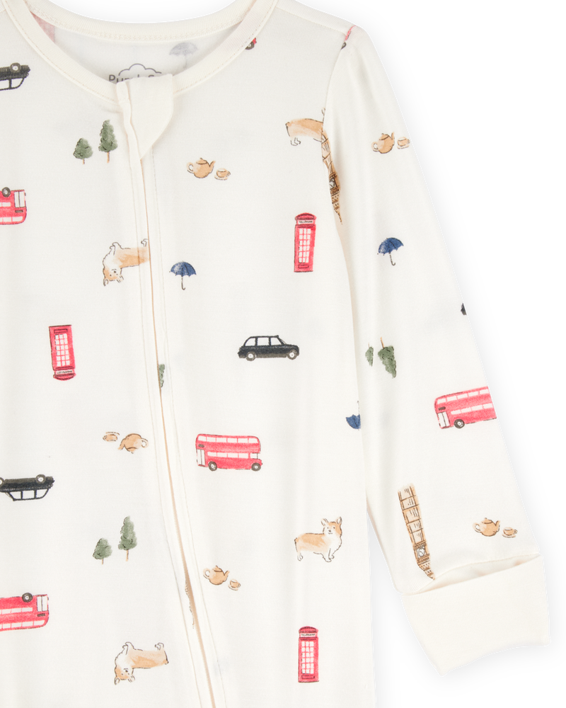 Baby London Print 2-Way Zip PurelySoft Sleep & Play Pajamas - Ivory, image 3 of 6 slides