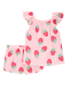 Toddler Girl Strawberry Print Loose Fit 2-Piece Pajamas - Pink, image 1 of 3 slides