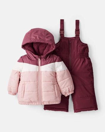 Baby Girl 2-Piece Color Block Hooded Snowsuit Jacket & Bib Set - Pink/Red, 
