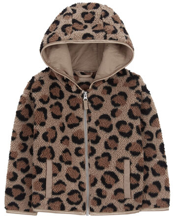 Leopard Zip-Up Sherpa Hoodie, 