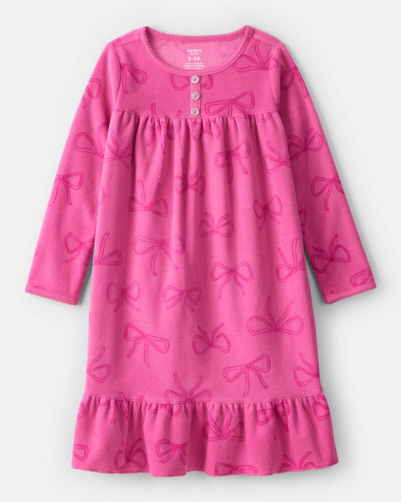 Girls Bow Print Fleece Long-Sleeve Loose Fit Night Gown - Pink, image 1 of 3 slides