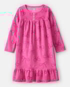 Girls Bow Print Fleece Long-Sleeve Loose Fit Night Gown - Pink, image 1 of 3 slides