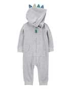 Baby Dinosaur Cotton Blend Long-Sleeve Jumpsuit - Grey, image 1 of 3 slides