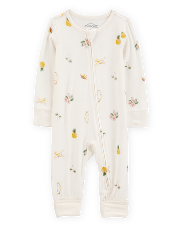 Baby Girl Tropical Print 2-Way Zip PurelySoft Convertible Foot Sleep & Play Pajamas - Ivory, 