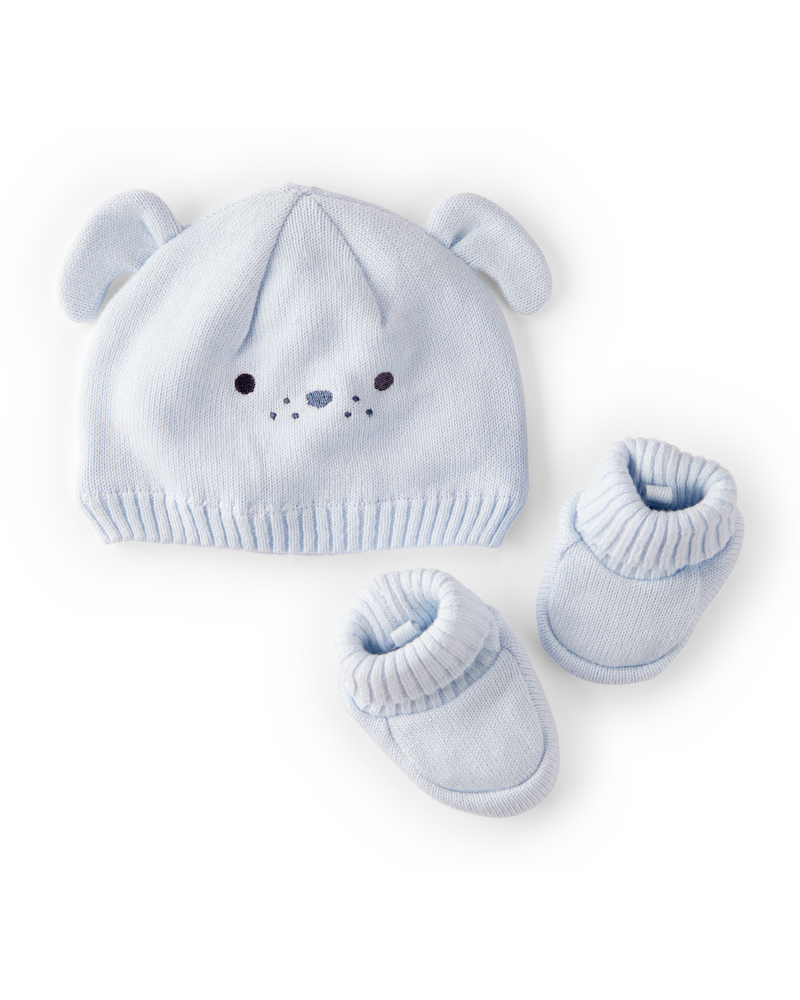 Baby 2-Piece Puppy Crochet Booties & Hat - Blue , image 1 of 2 slides