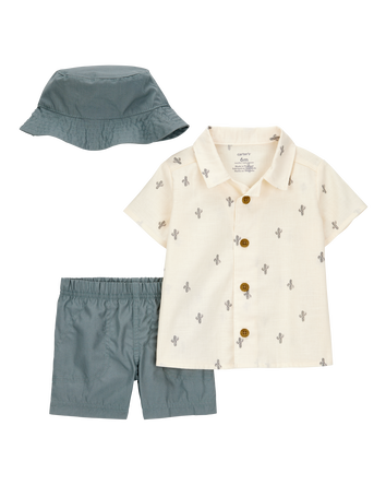Baby Boy 3-Piece Cactus Short & Hat Set - Ivory/Green, 