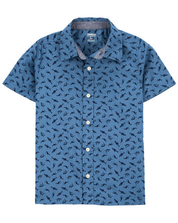 Kid Shark Print Button-Front Short Sleeve Shirt, 