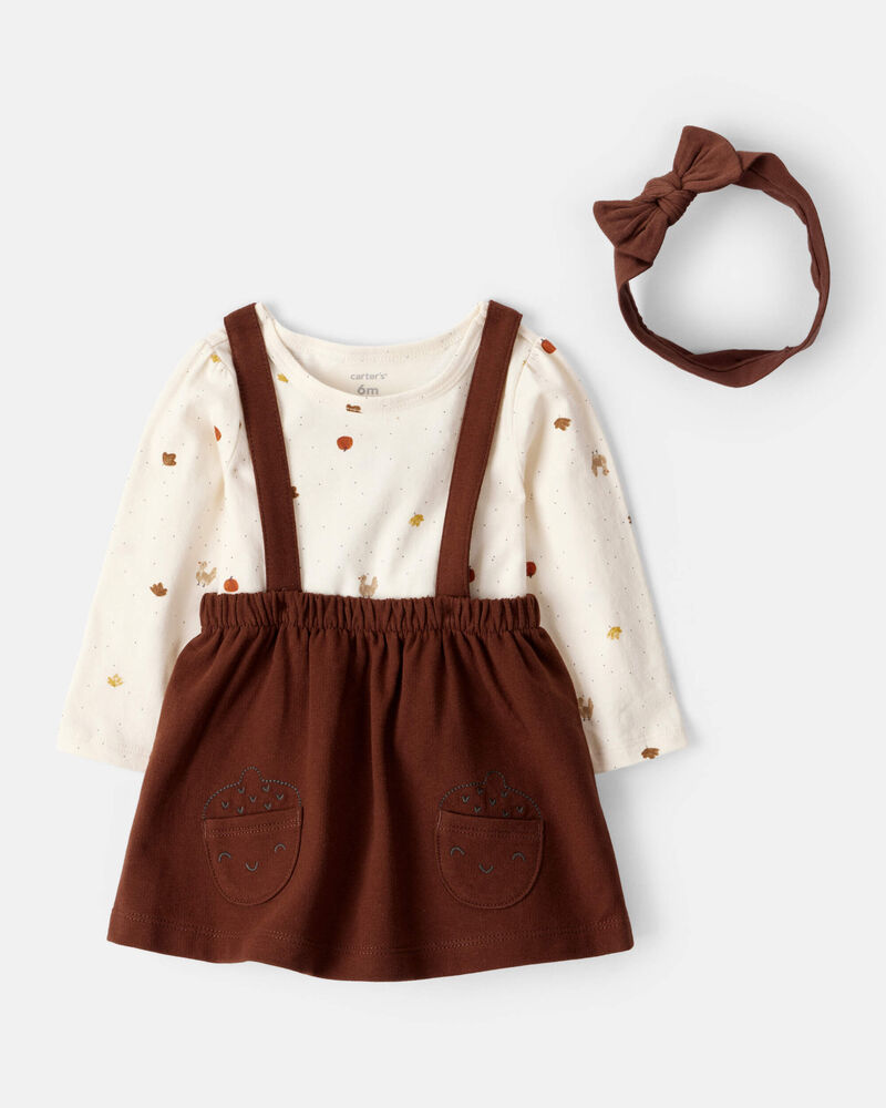 Baby Girl 3-Piece Thanksgiving Print Dress Set - White/Brown, image 1 of 7 slides