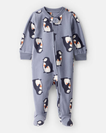Baby Boy Penguin Fleece 2-Way Zip Sleep & Play Pajamas - Grey, 