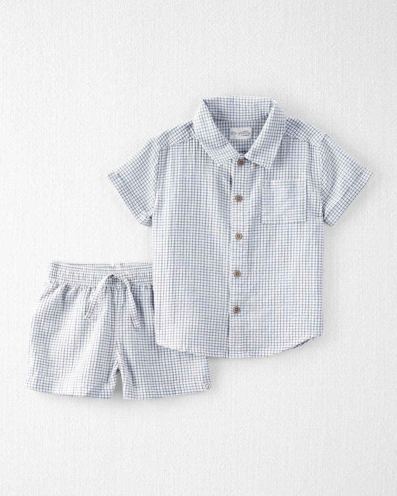 Toddler 2-Piece Organic Cotton Crinkled Seersucker Checkered-Print Set, image 1 of 4 slides