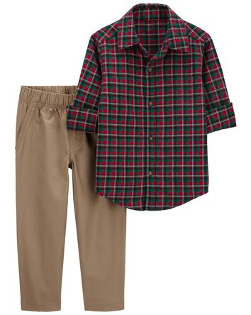 Toddler 2-Piece Plaid Button-Front Shirt & Pant Set, 