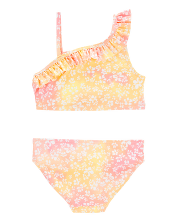 Kid 2-Piece Ruffle Floral Tie-Dye Swim Set - Pink/Yellow, 