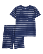 Boys Striped Loose Fit Waffle Knit 2-Piece Pajamas - Navy, image 1 of 3 slides