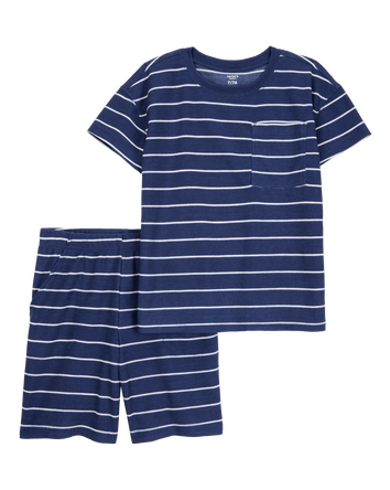 Boys Striped Loose Fit Waffle Knit 2-Piece Pajamas - Navy, 