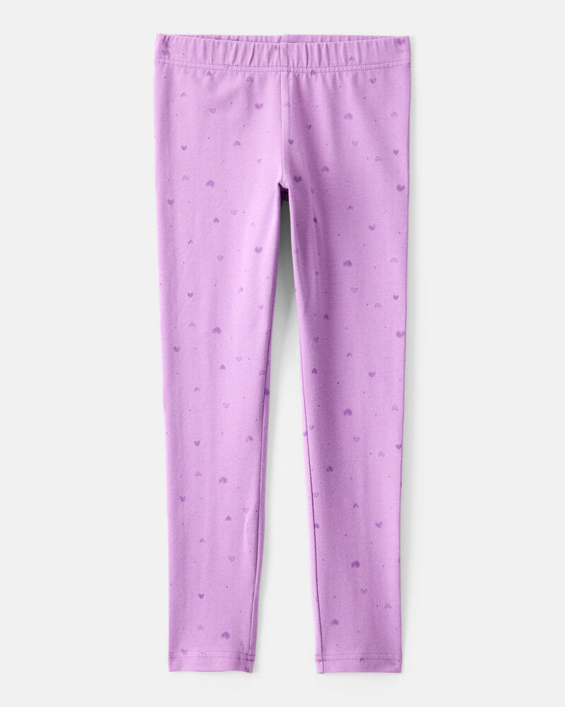 Girls Heart Print Cotton Pull-On Stretch Leggings - Purple, image 1 of 4 slides