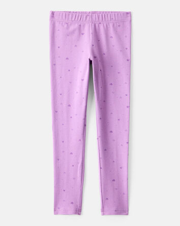 Girls Heart Print Cotton Pull-On Stretch Leggings - Purple, 
