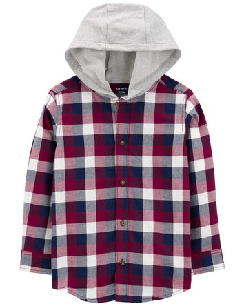 Kid Plaid Hooded Button-Down Shirt, 