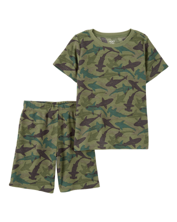 Boys Shark Print Loose Fit Waffle Knit 2-Piece Pajamas - Green, 