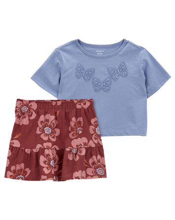 Toddler 2-Piece Butterfly Tee & Floral Linen Skort Set
, 