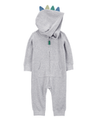 Baby Dinosaur Cotton Blend Long-Sleeve Jumpsuit - Grey, image 1 of 3 slides