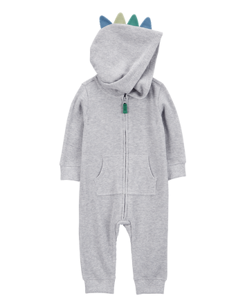 Baby Dinosaur Cotton Blend Long-Sleeve Jumpsuit - Grey, 