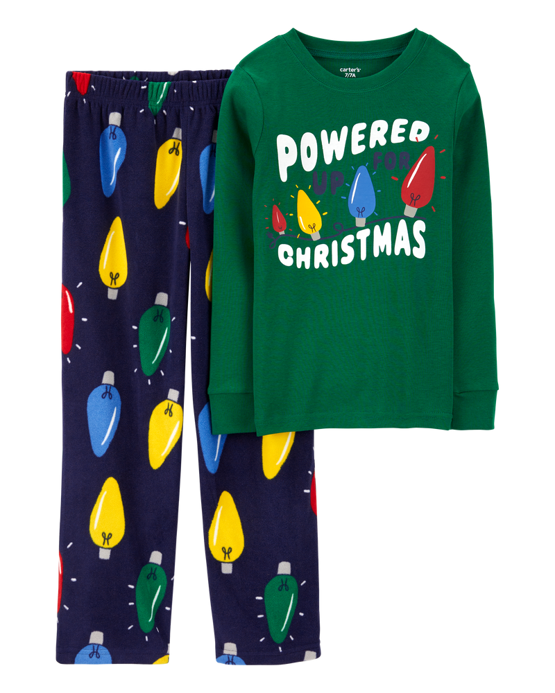 Kid 2-Piece Christmas Lights Cotton & Velboa Pajamas, image 1 of 3 slides