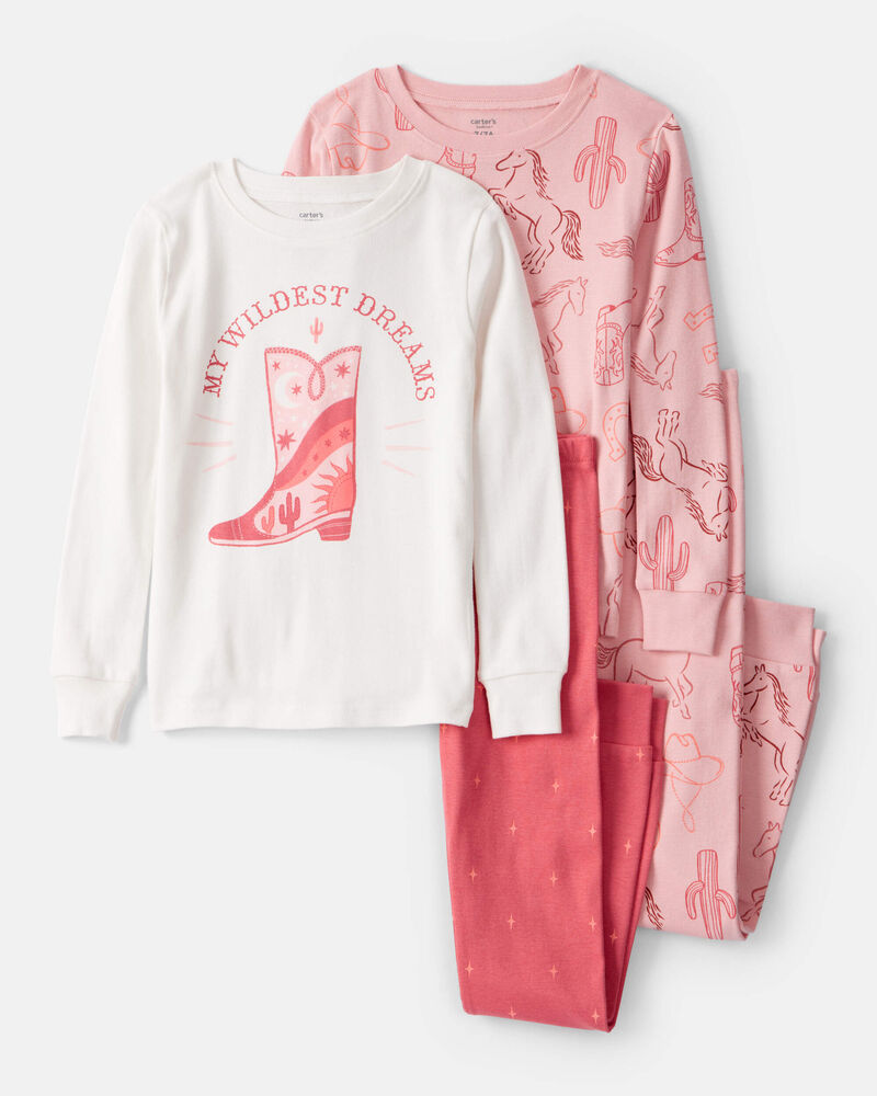 Girls Cowgirl Print 100% Cotton Long-Sleeve Snug Fit 4-Piece Pajamas - Pink, image 1 of 5 slides