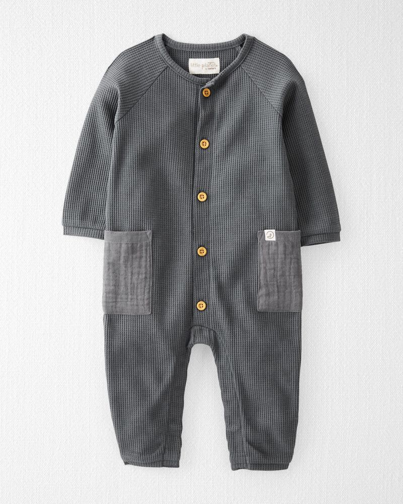 Baby Waffle Knit Button-Front Jumpsuit Made With Organic Cotton in Gray, image 1 of 5 slides