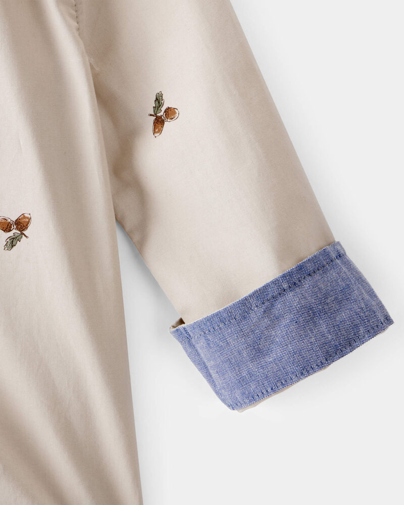 Baby Poplin Acorn Print Long-Sleeve Bodysuit - Khaki, image 2 of 4 slides