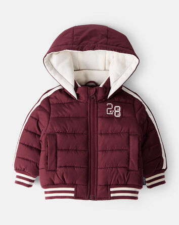 Baby Striped Sleeves Hooded Puffer Jacket - Red, 