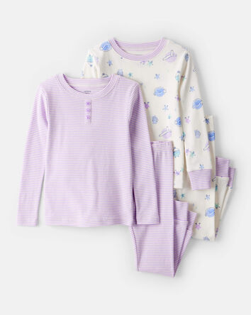 Toddler Girl Space Star Print 100% Cotton Long-Sleeve Snug Fit 4-Piece Pajamas - White/Purple, 