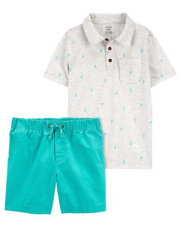 Kid 2-Piece Printed Polo Shirt & Pull-On Canvas Shorts Set
, 