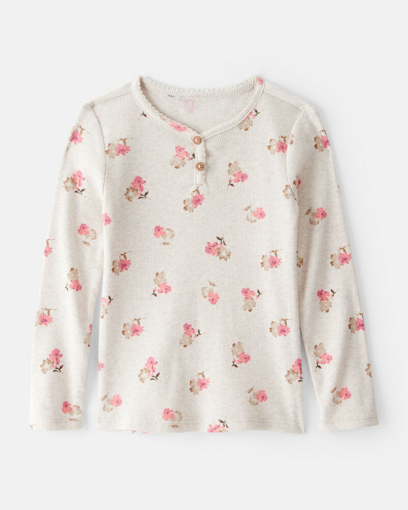 Toddler Girl Floral Print Cotton Long-Sleeve Henley Top - Cream, image 1 of 3 slides