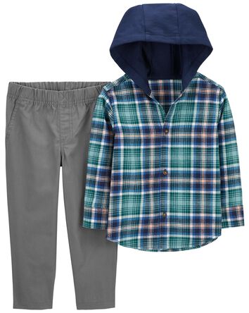 Toddler 2-Piece Plaid Hooded Button-Front & Pant Set, 