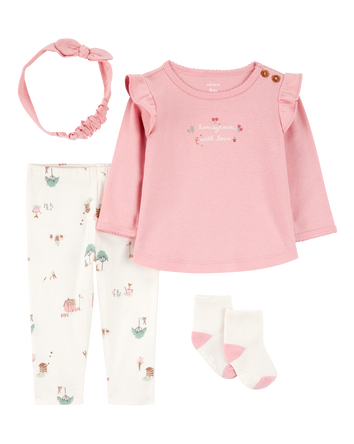 Baby 4-Piece Farm Print Outfit Set - White/Pink, 