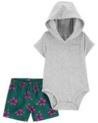 Baby 2-Piece Hooded Bodysuit & Floral Short Set, image 1 of 3 slides