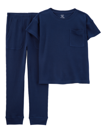 Boys Solid Loose Fit Waffle Knit 2-Piece Pajamas - Navy, 