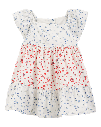 Baby Tiered Poplin Floral Print Dress - Ivory, 