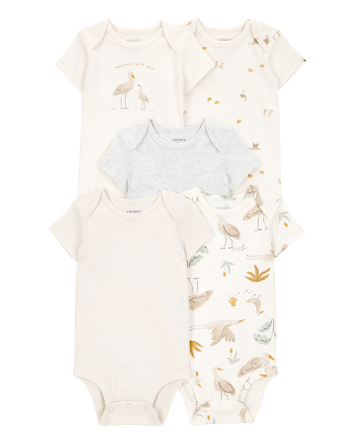Baby 5-Pack Striped Birds Short-Sleeve Cotton Bodysuits - Ivory, 