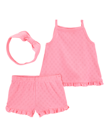 Baby Girl 3-Piece Pointelle Heart Outfit Set - Pink, 