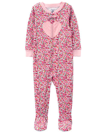 1-Piece Fleece Heart Print Footed Pajamas, 